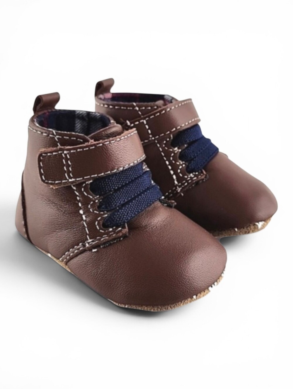 Robeez First Kicks Shoes Soft Brown Premium Leather Baby Navy Plaid 0-3 Month